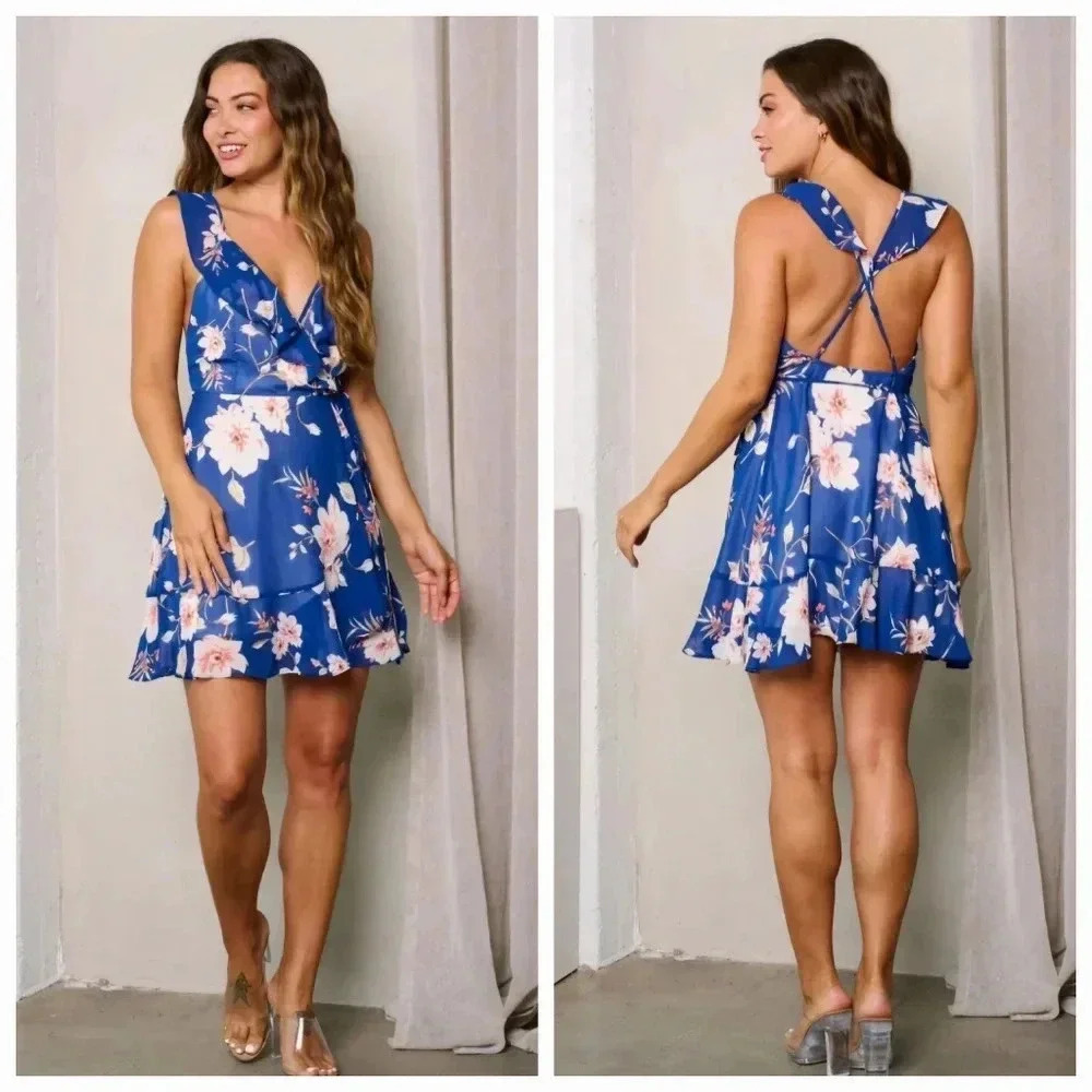 NWT Soieblu blue floral mini dress Sizes Small,‎ Medium, Large Ruffles Summer